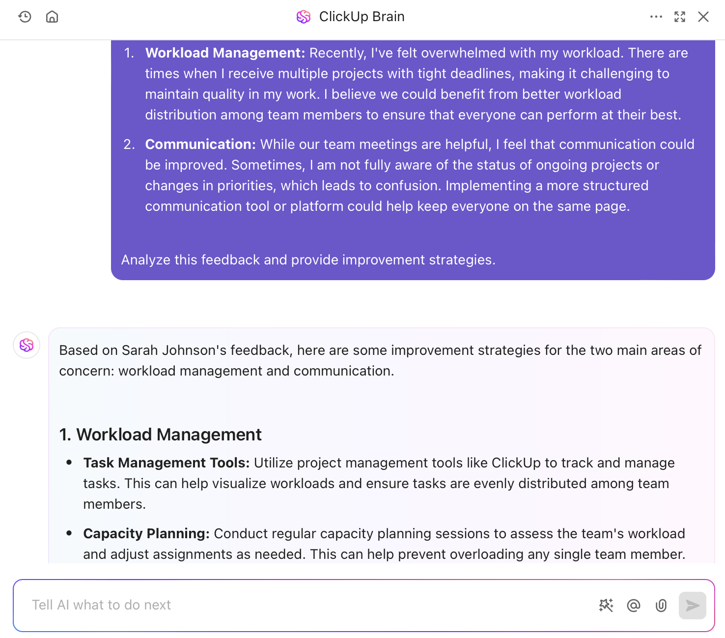 Summarize feedback and derive actionable insight using ClickUp Brain